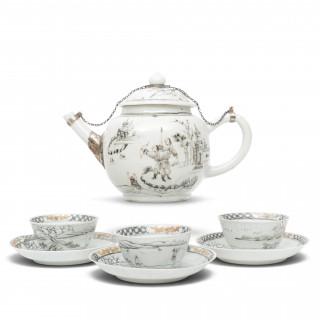 China, a grisaille and gilt-decorated porcelain teapot and cover and a set of three cups and saucers, 18th century – kavel bij Veilinggebouw De Zwaan, Amsterdam